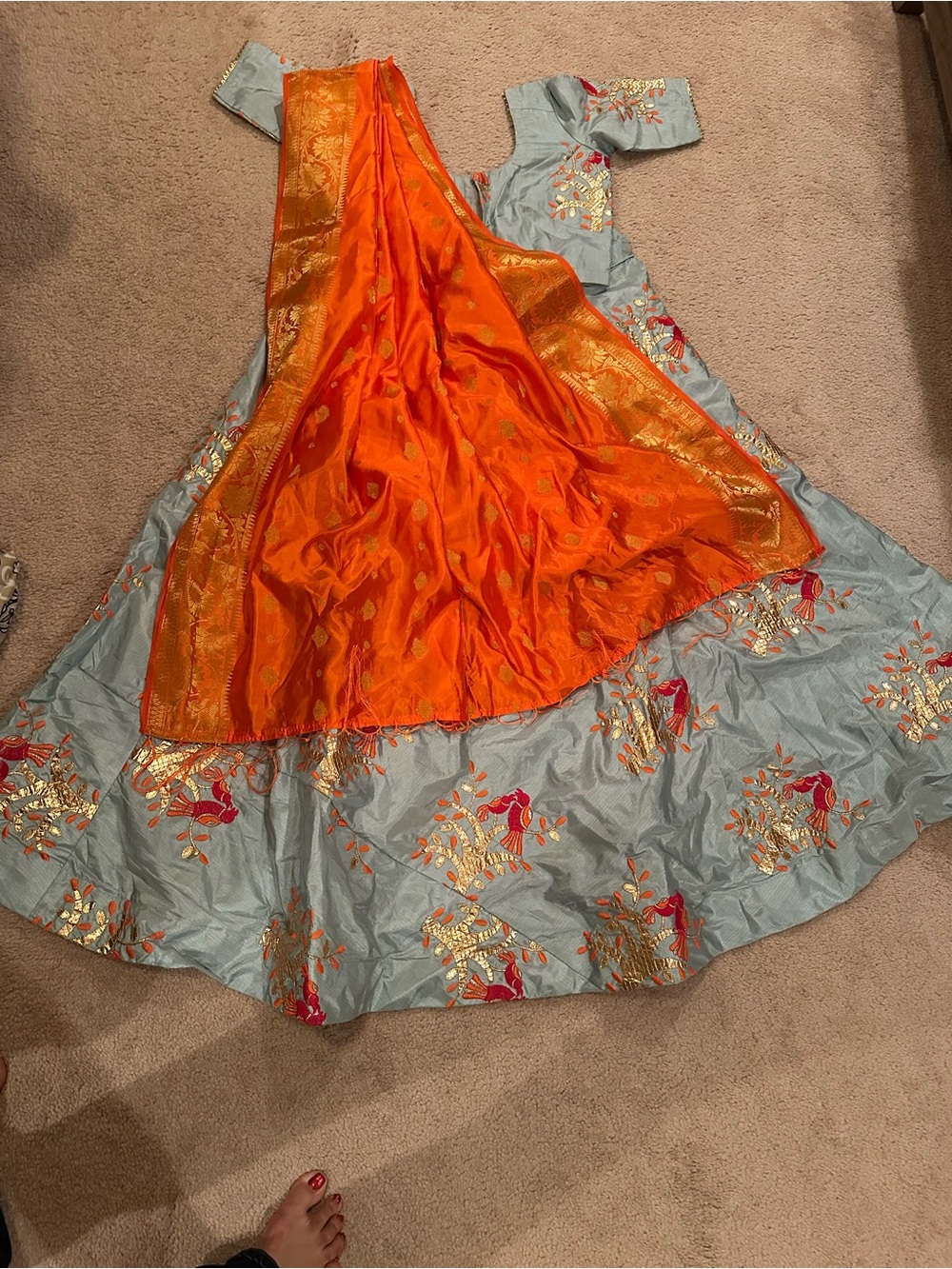 Women's Embroidered Light Blue and Orange gold Lahenga Chaniya choli M